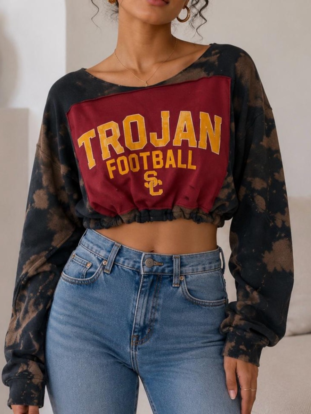 USC Trojans  Cropped  Vintage Black Tie Dye Reworked Sweatshirt One Size